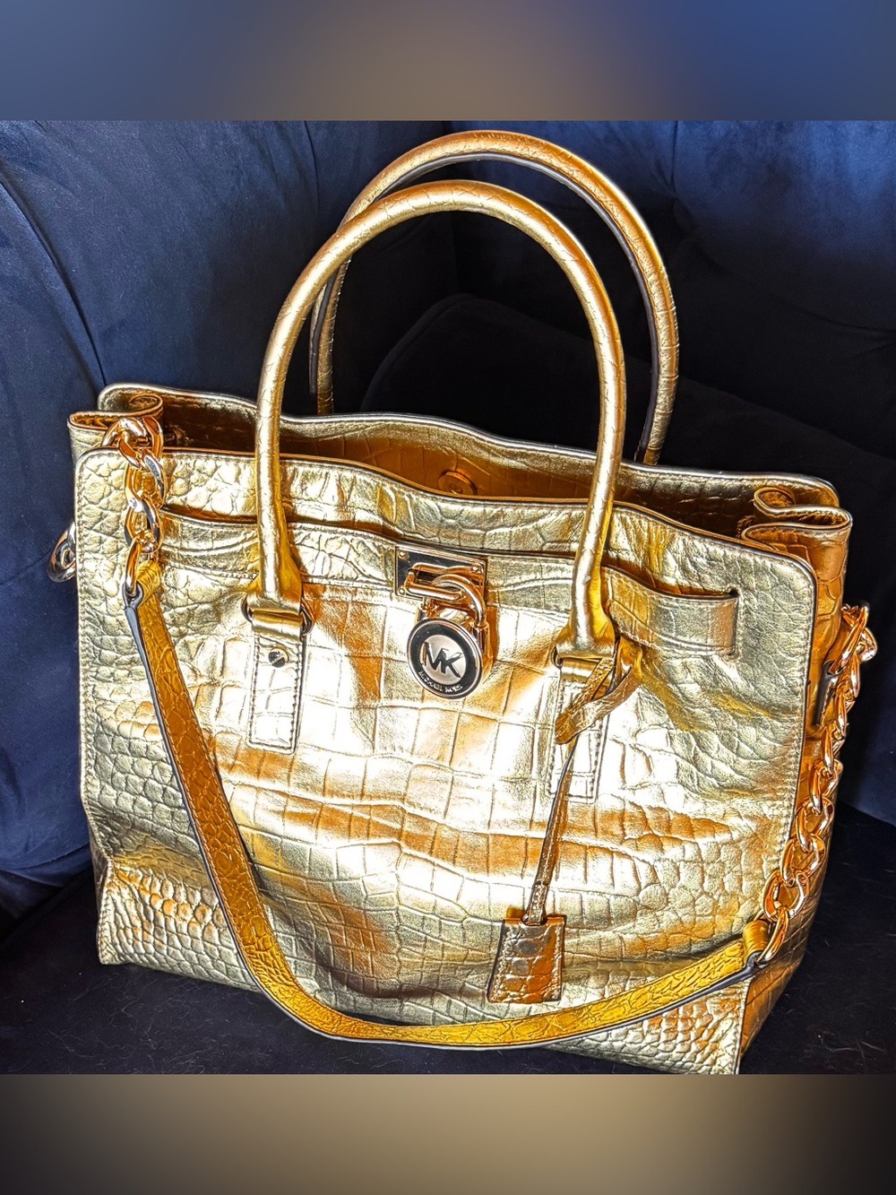 Elegant Michael Kors Hamilton Croc Gold Embossed Shoulder Bag Satchel NEW